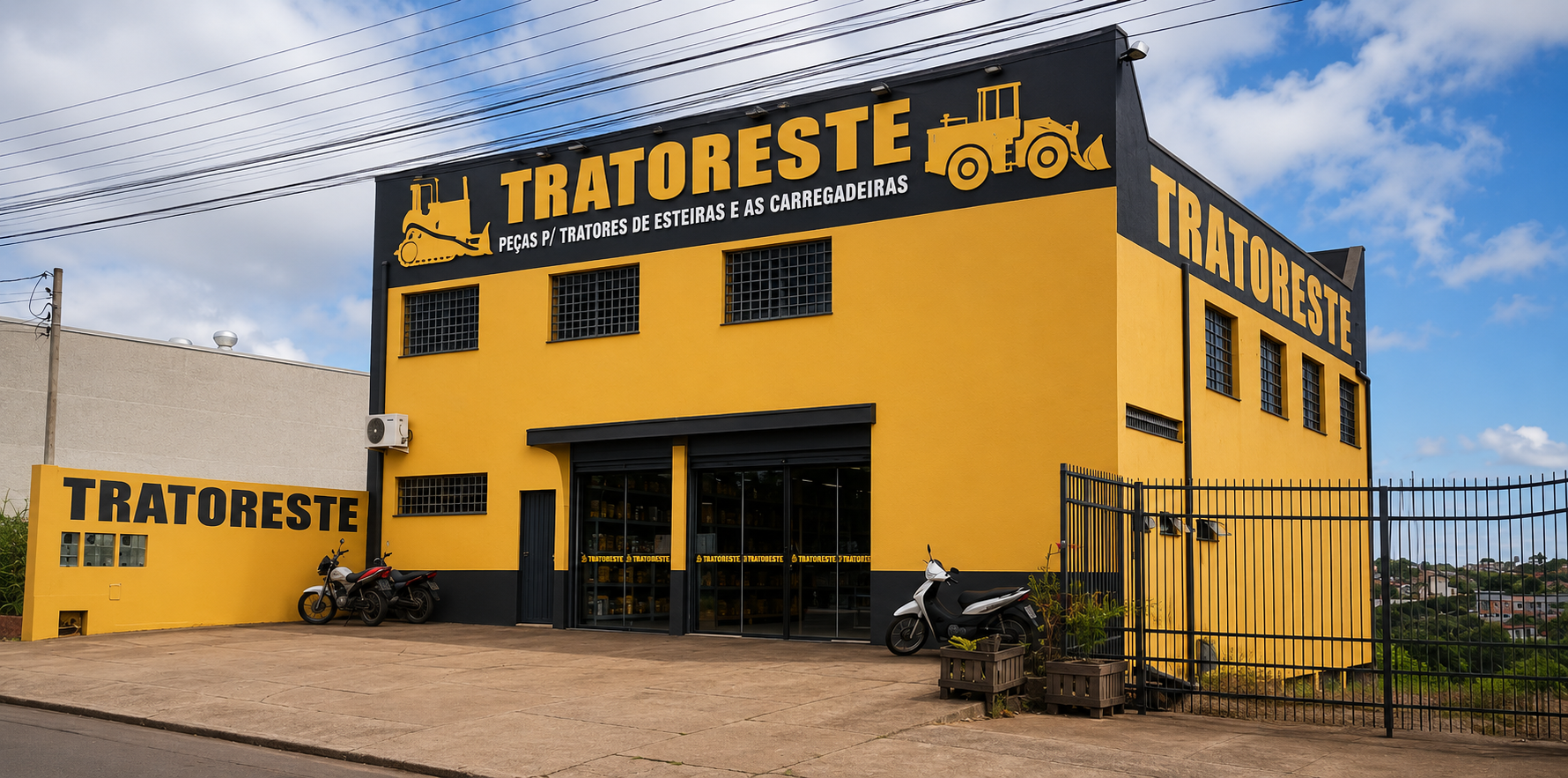 Fachada da loja Tratoreste, prédio amarelo e preto com peças para tratores